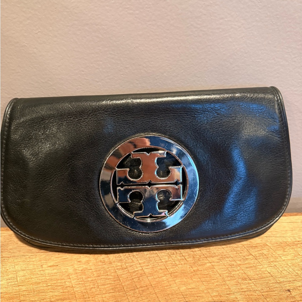 Tory Burch Black Leather Clutch with Silver Emblem